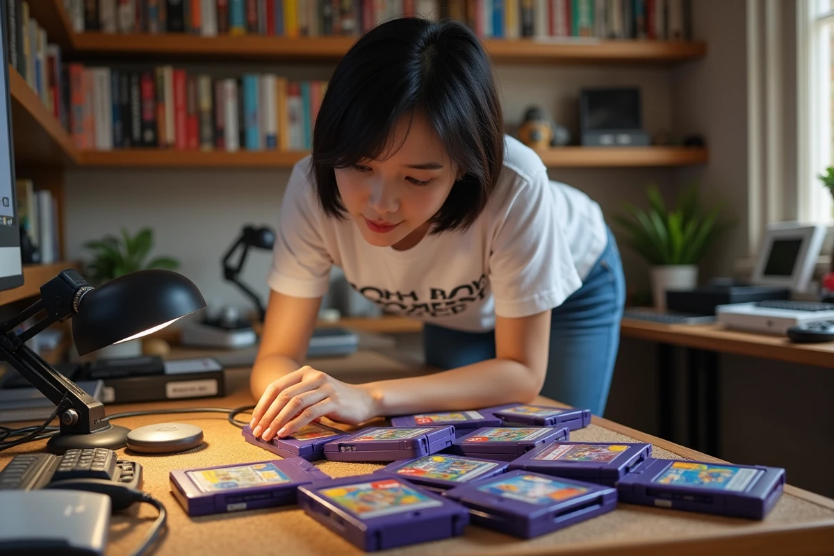 Femme examinant une collection de cartouches GBA avec des jeux Pokemon sur un bureau de collectionneur