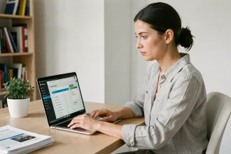 Femme comparant des hébergeurs WordPress sur un ordinateur portable dans un bureau à domicile