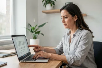 Femme utilisant un compteur de texte en ligne sur son ordinateur portable dans un bureau moderne