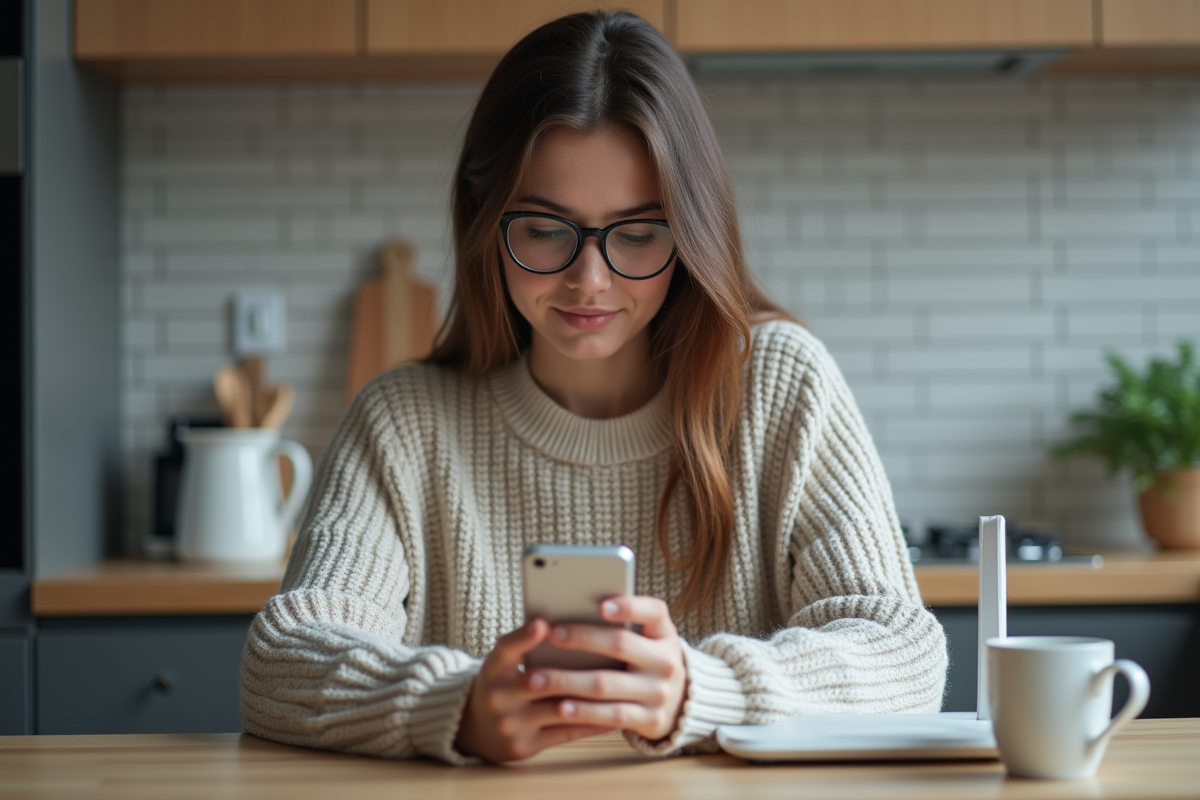 Jeune femme ajuste la sécurité WiFi avec son smartphone