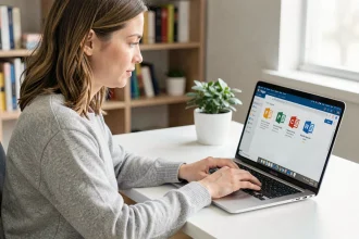 Femme convertissant un fichier Pages en Word sur son ordinateur portable dans un bureau à domicile moderne
