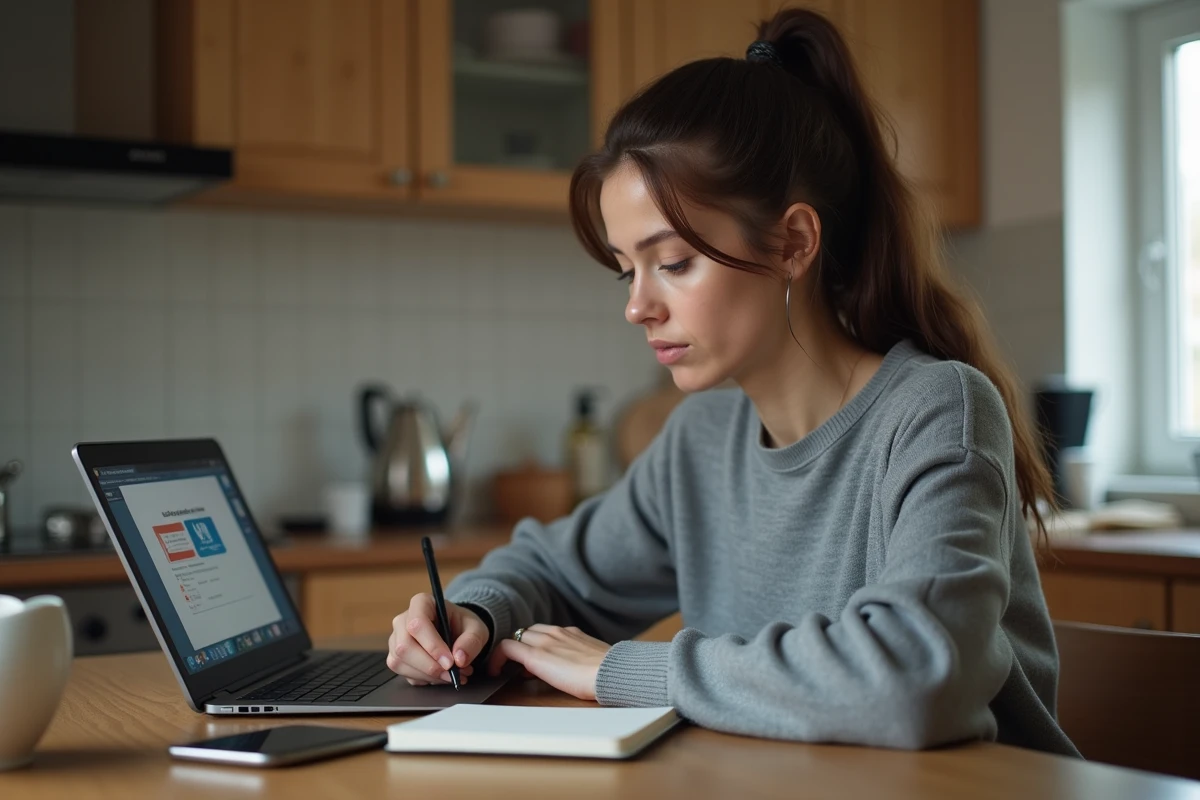 Jeune femme prenant des notes à la maison dans la cuisine