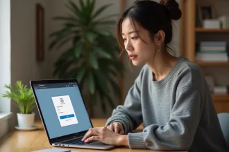 Femme activant la double authentification sur son compte webmail AOL depuis un bureau à domicile