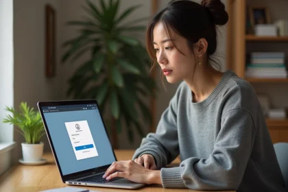 Femme activant la double authentification sur son compte webmail AOL depuis un bureau à domicile