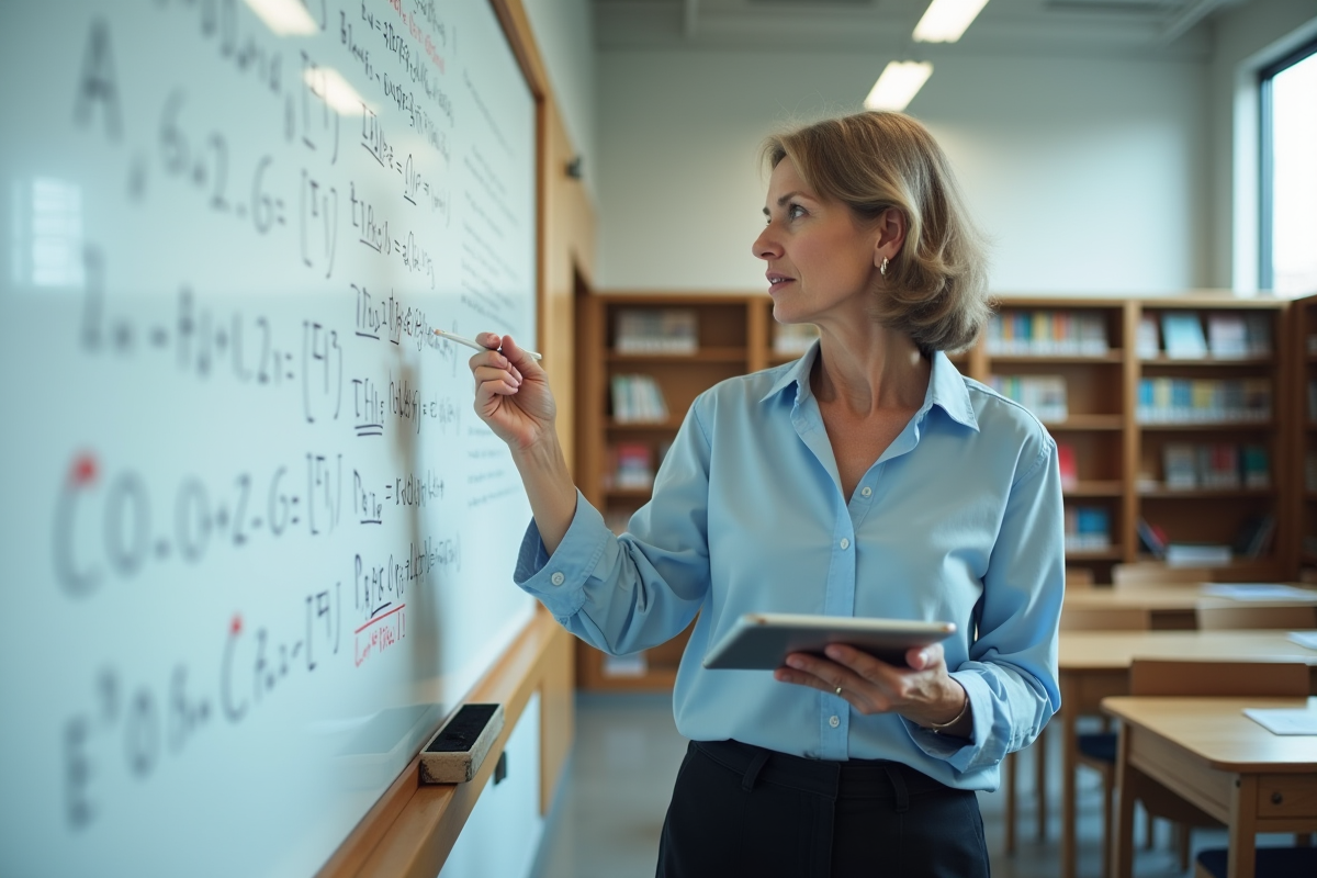 Femme en classe expliquant des formules avec une tablette