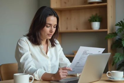Femme consultant sa fiche de paie en ligne sur un ordinateur portable dans un bureau à domicile moderne