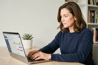 Femme travaillant sereinement sur un tableau de bord de site web dans un bureau minimaliste, illustrant la simplicité de gestion d'un site par geckodesign.fr