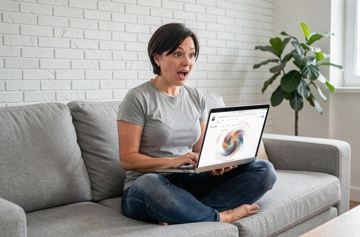 Femme amusée regardant l'animation Do a Barrel Roll sur Google depuis son canapé avec un ordinateur portable