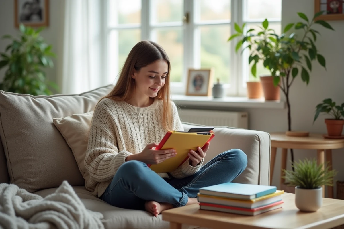 Jeune femme dans un salon organise ses emails sur une tablette
