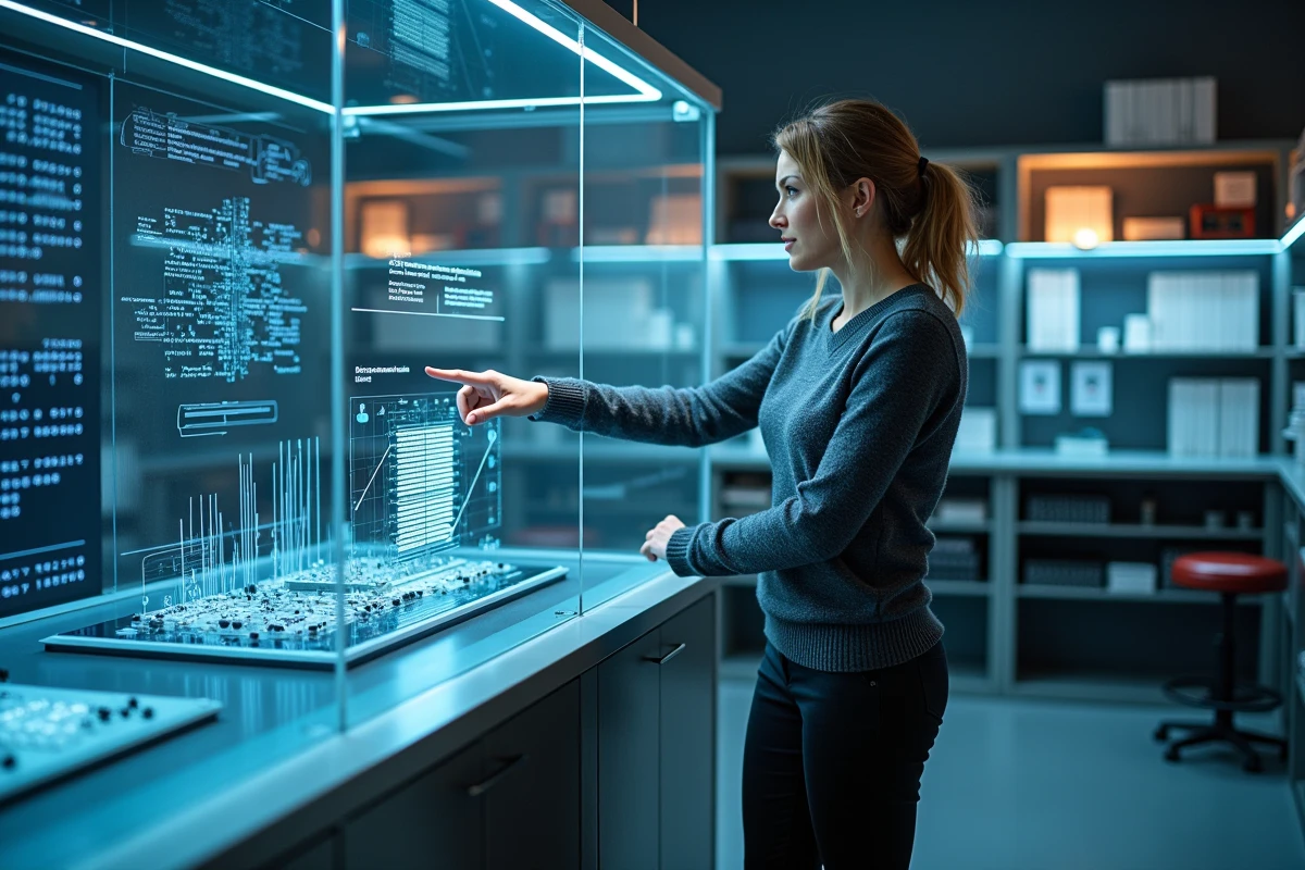 Femme d affaires montrant un prototype de puce quantique en laboratoire