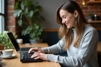 Femme nomade travaillant sur un clavier qwerty compact dans un café urbain avec laptop et tasse d'expresso
