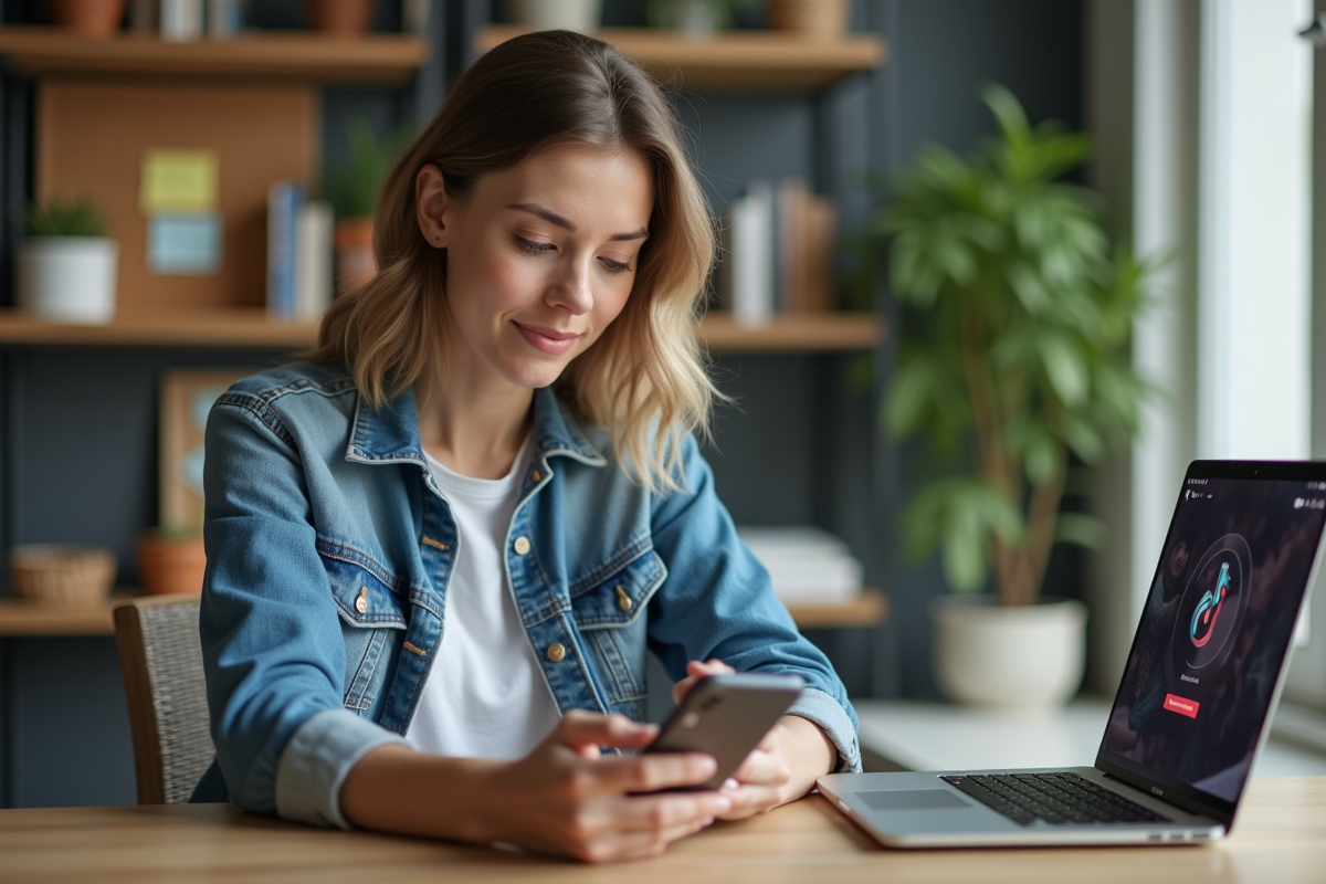 Femme utilisant son smartphone avec interface TikTok dans un bureau moderne