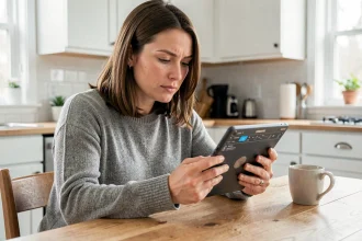Femme consultant les paramètres de sa tablette Samsung avant une réinitialisation