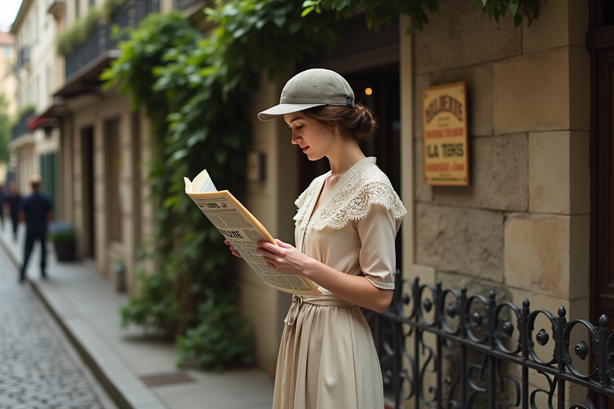 Jeune femme française lisant un journal dans la rue
