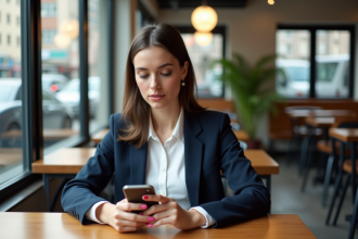 Jeune femme professionnelle utilise son smartphone en café