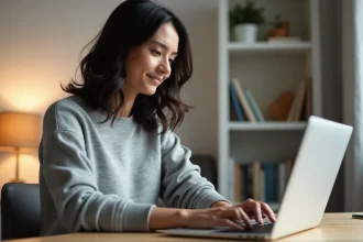 Femme rédigeant un prompt en français sur Leonardo AI depuis son bureau minimaliste