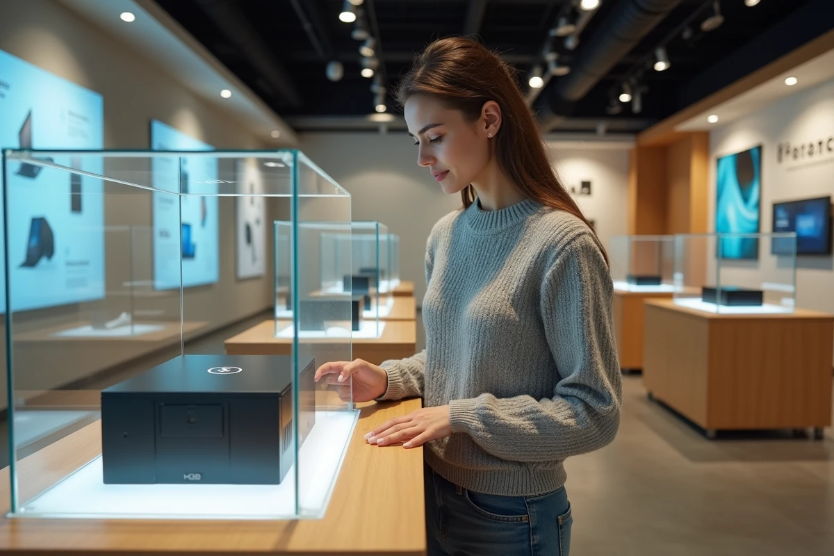 Jeune femme inspectant un dispositif quantique dans un magasin moderne