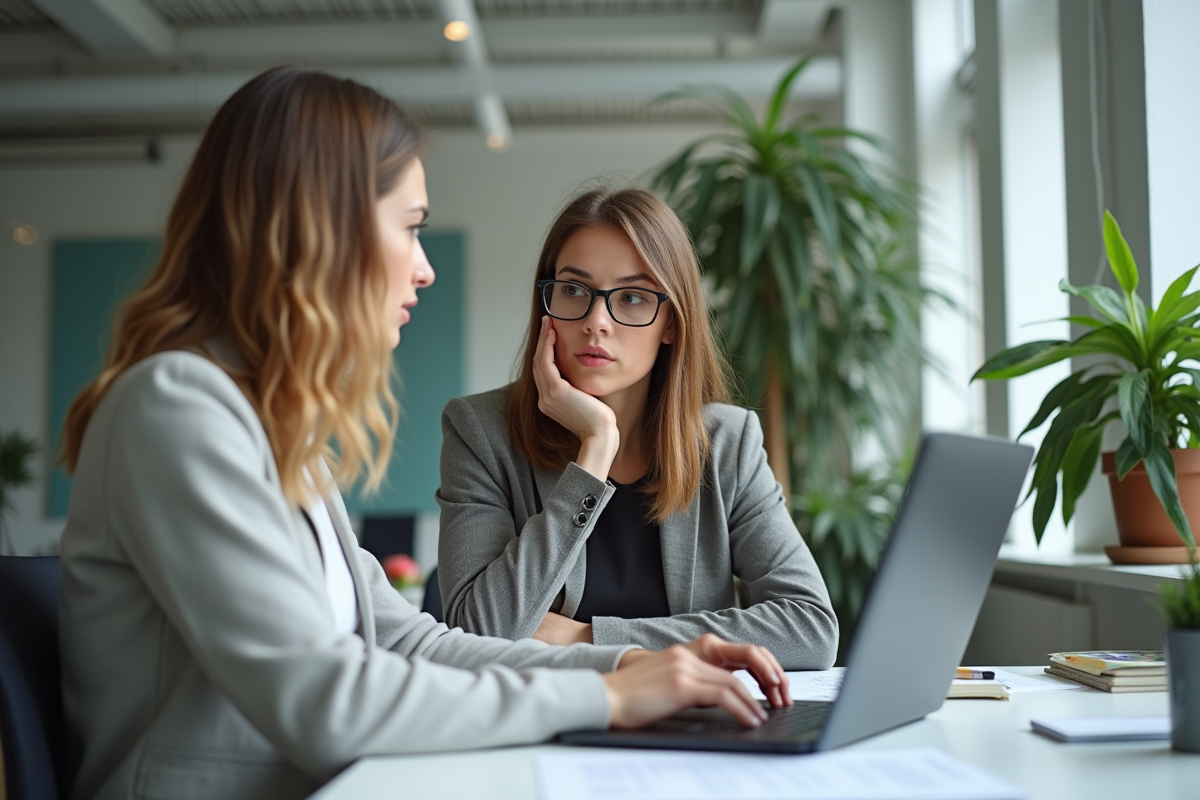 Femme discutant stratégie SEO avec un collègue dans un espace de coworking