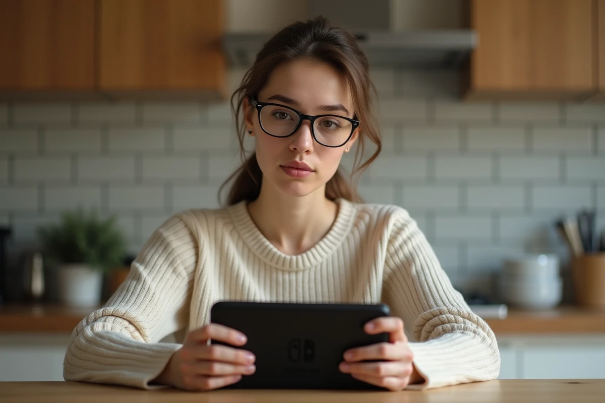 Femme examinant une console Nintendo Switch dans la cuisine