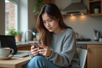 Jeune femme en cuisine regardant son smartphone avec souci