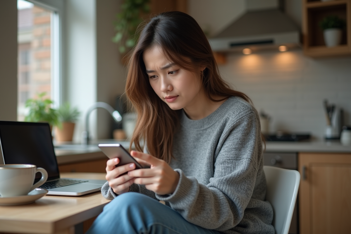 Jeune femme en cuisine regardant son smartphone avec souci