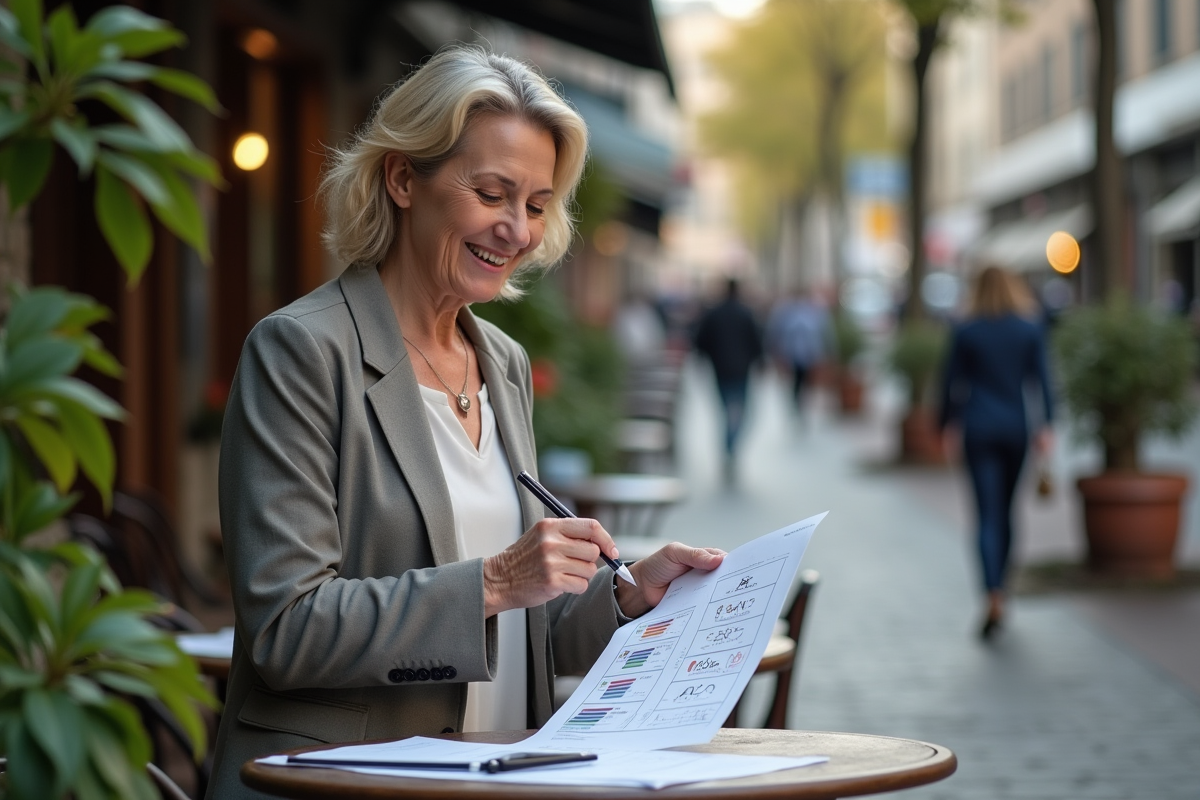 Femme en extérieur examinant un rapport SEO
