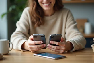 Femme examinant deux smartphones dans une cuisine moderne