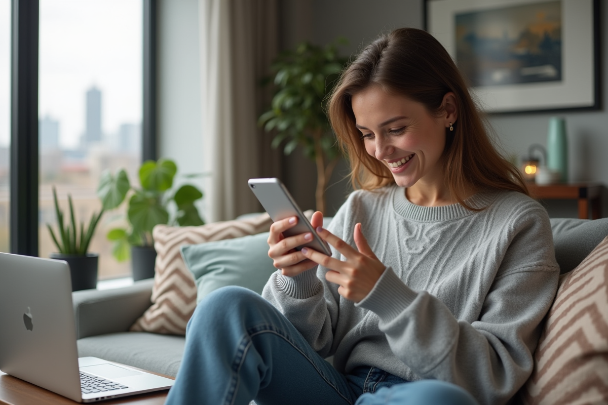 Femme souriante tenant un smartphone dans un salon cosy