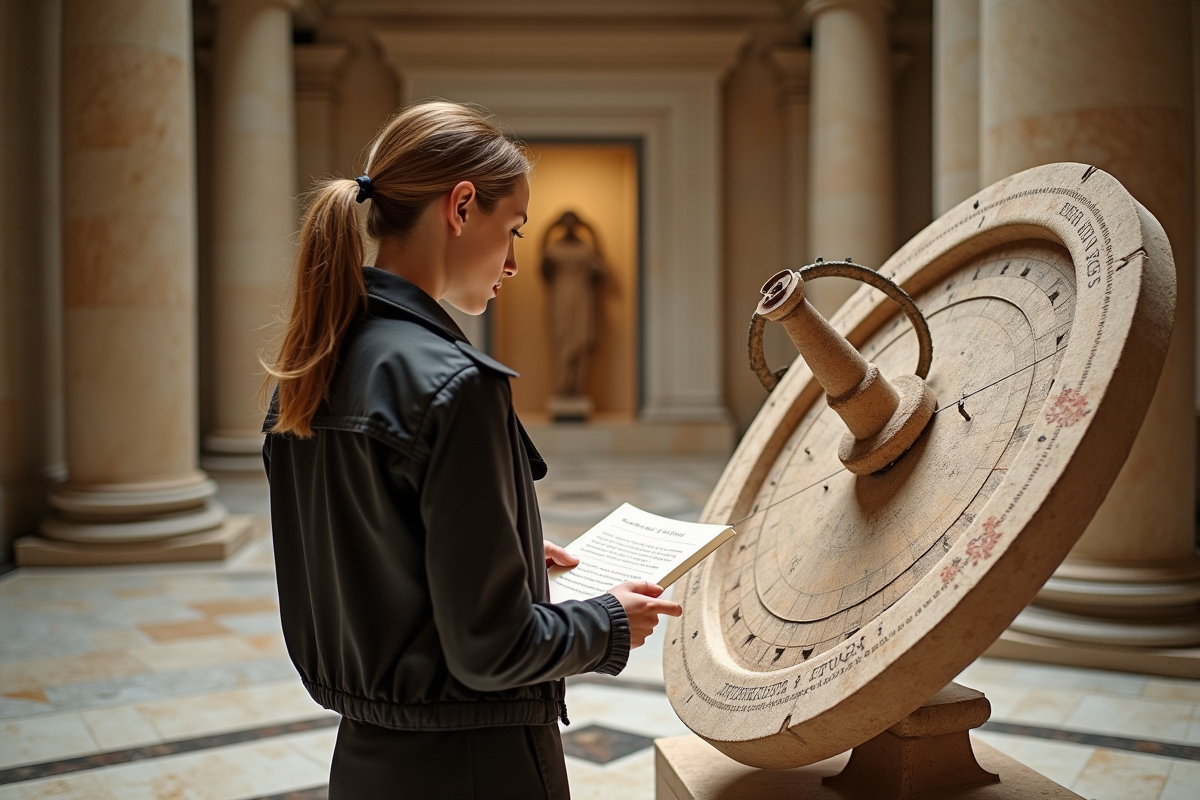Jeune femme observant un cadran solaire antique au musée
