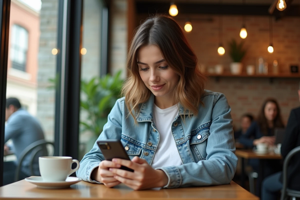 Femme consultant un téléphone Android reconditionné dans un café urbain branché