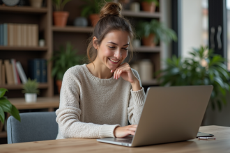 Jeune femme au bureau à domicile souriante et concentrée