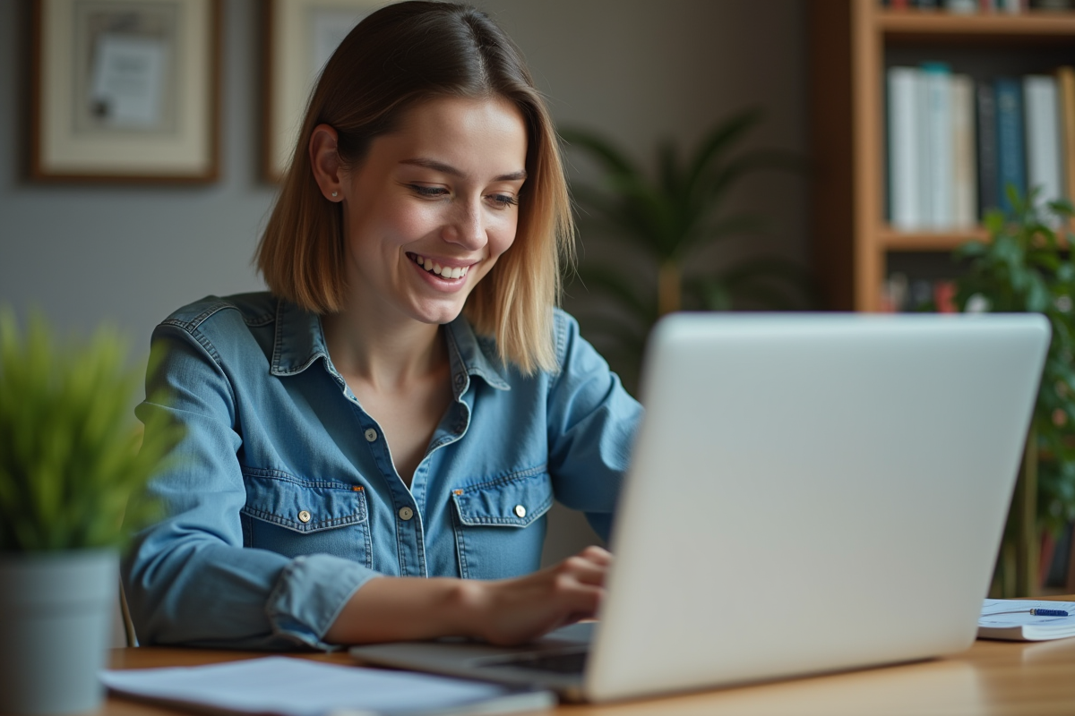 Jeune femme en denim révélant un mot de passe sur son ordinateur