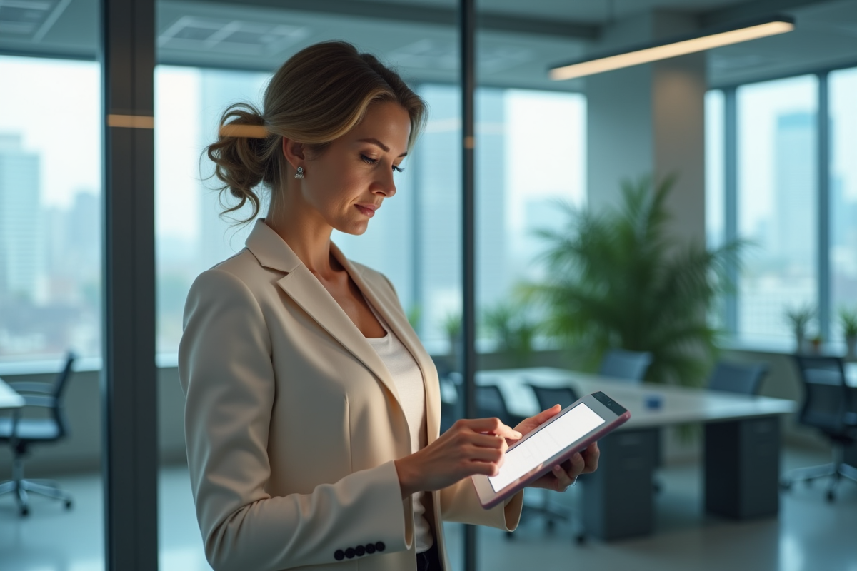 Femme d affaires vérifiant ses fichiers sur une tablette dans un bureau