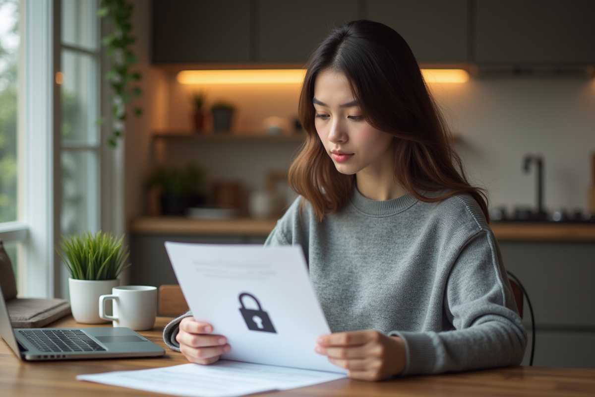 Jeune femme vérifiant un document imprimé avec symbole de sécurité