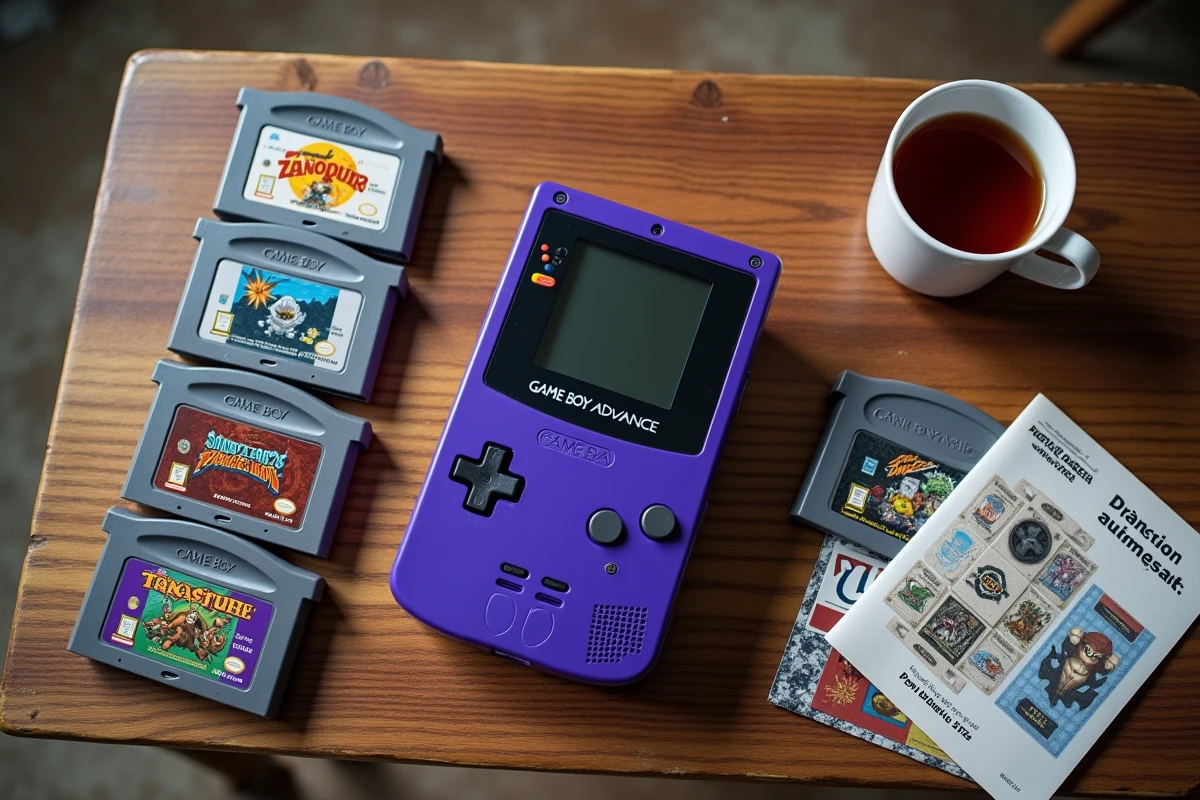Vue à plat d'une Game Boy Advance violette entourée de cartouches et d'une notice en français sur une table en bois