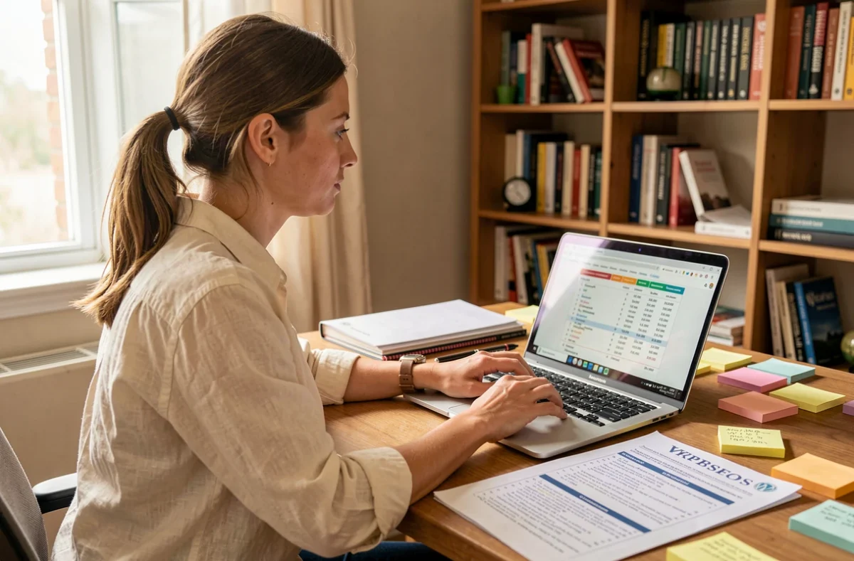 Développeuse freelance comparant un tableau de compatibilité PHP WordPress sur son ordinateur portable dans un bureau à domicile