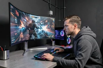 Gamer concentré devant un écran OLED 1440p affichant un jeu PC avec des couleurs profondes et des noirs parfaits