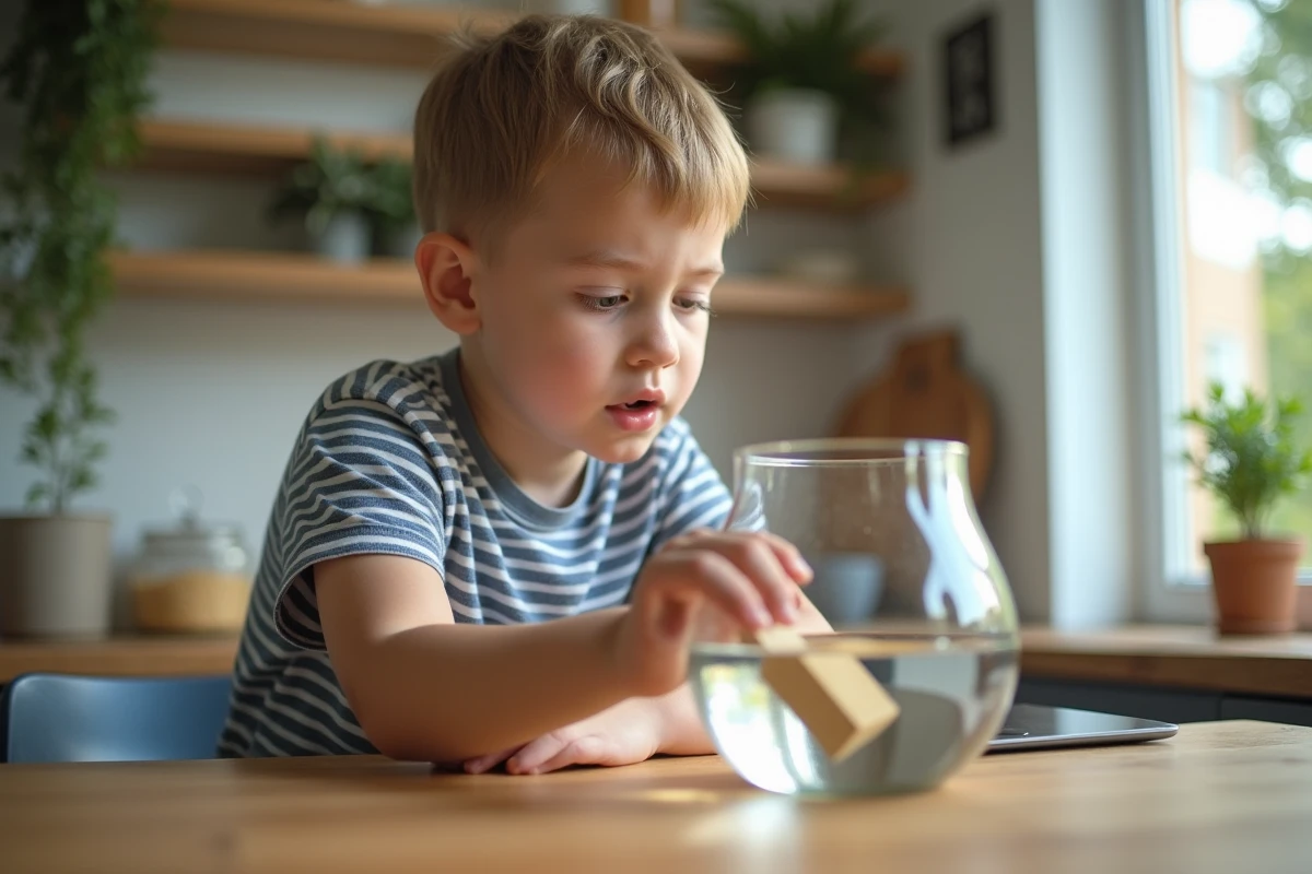 Garçon de 10 ans place un bloc en bois dans un aquarium lumineux