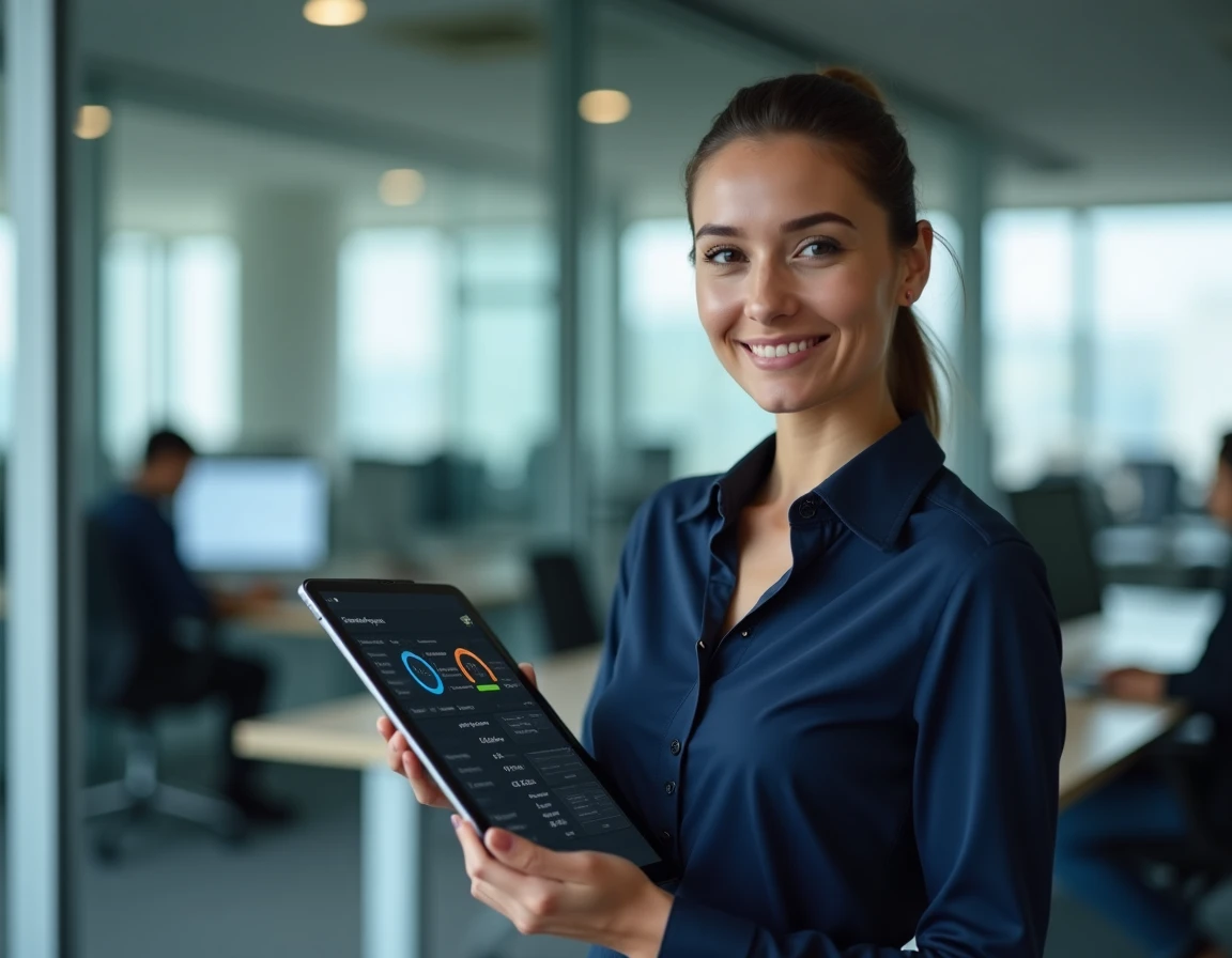 Femme gérant des appareils Android à distance via une tablette dans un environnement professionnel