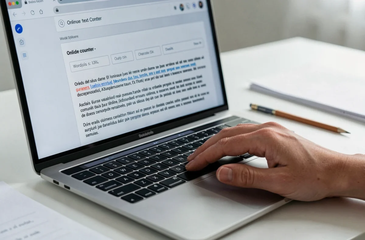 Gros plan d'un outil compteur de texte en ligne affiché sur un écran d'ordinateur portable avec interface claire