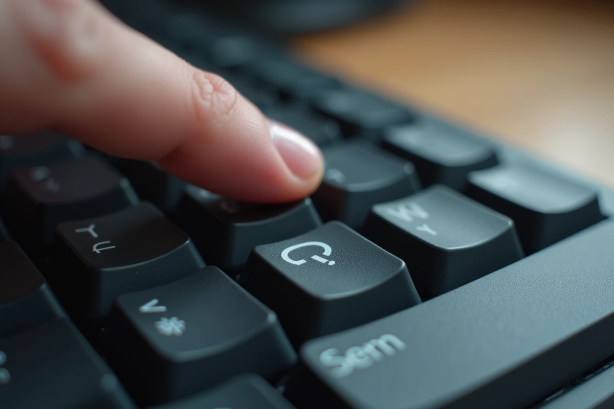 Gros plan sur la touche È d'un clavier AZERTY avec un doigt s'apprêtant à taper le raccourci accent grave majuscule