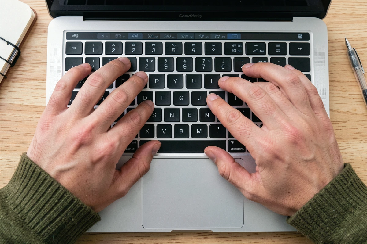 Gros plan vue de dessus des doigts sur la touche Maj d'un clavier MacBook avec position correcte des mains pour la dactylographie