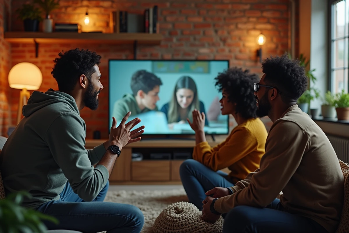 Groupe d amis regardant des videos sur une television