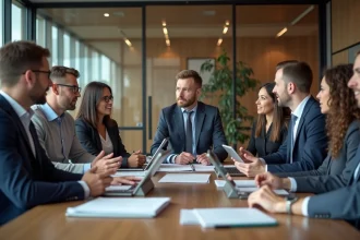 Groupe de collègues en réunion dans un bureau moderne