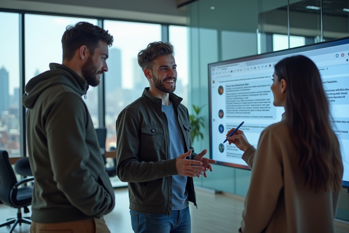 Groupe de jeunes adultes discutant autour d un écran de chatbot
