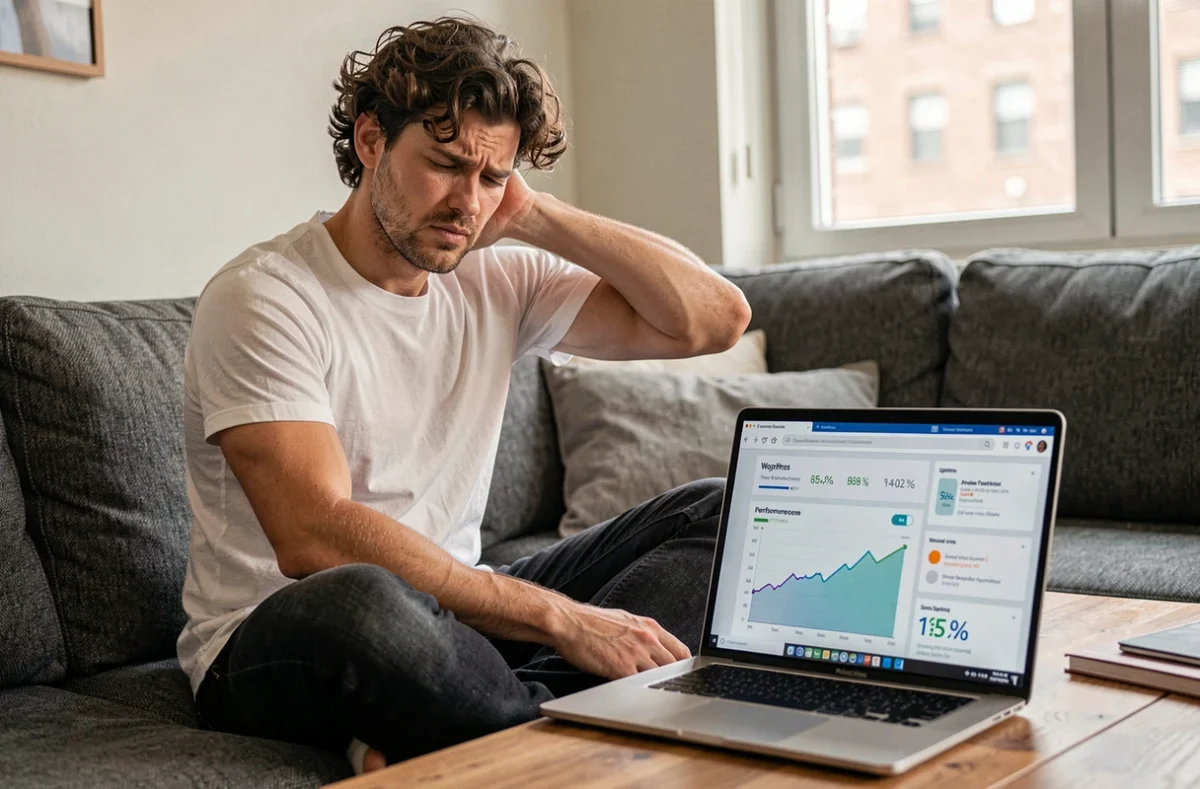 Homme frustré analysant les performances de son hébergeur WordPress sur un canapé