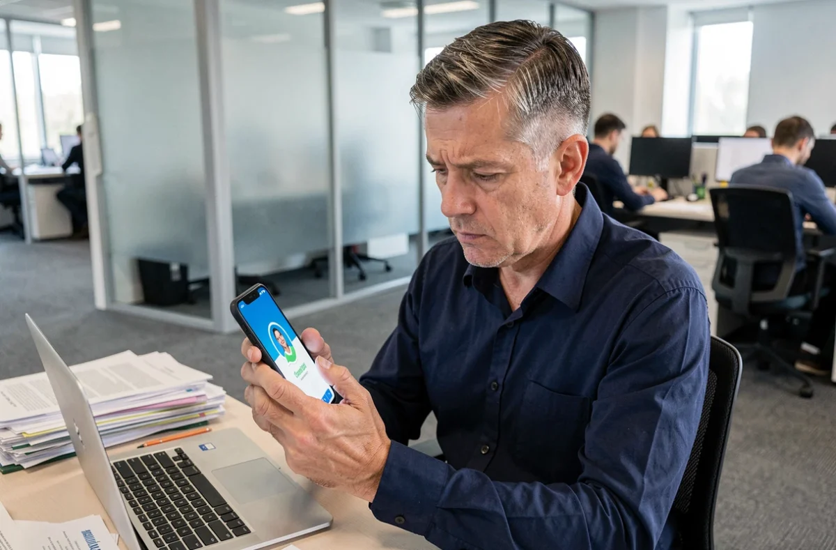 Homme d'affaires analysant le cercle bleu WhatsApp sur son téléphone dans un environnement de bureau professionnel