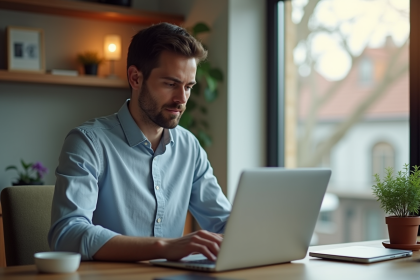Homme assis à son bureau moderne utilisant un ordinateur portable