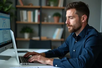 Homme d affaires concentré sur son ordinateur en bureau