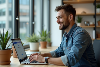 Homme au bureau regardant un ordinateur avec cadenas HTTPS